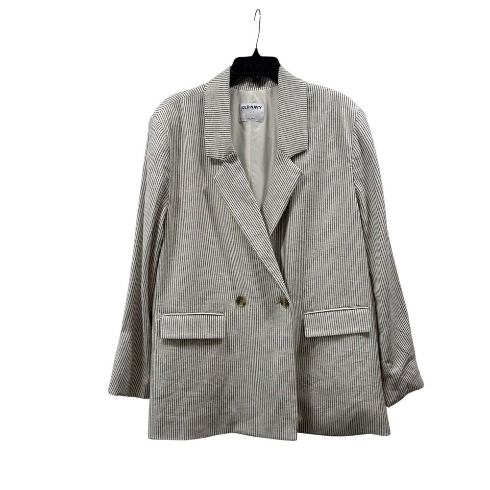 Old Navy Fashion Linen Charcoal Stripe Double Breasted Blazer Size L NEW